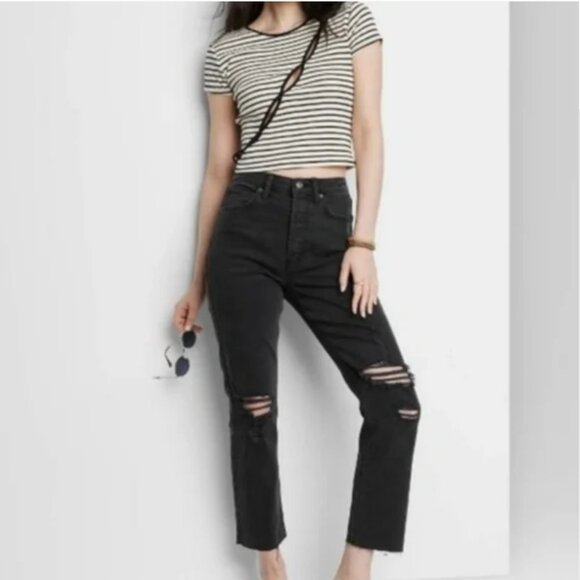 Wild Fable Super High Rise Distressed Slim Straight Jeans - Black Wash - Size 4 - Picture 1 of 4